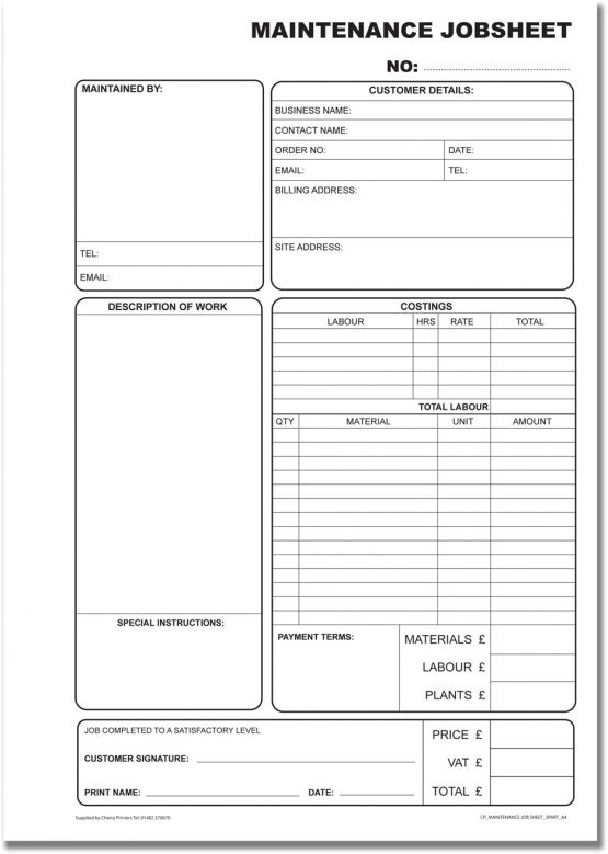 Cherry Carbonless NCR Maintenance Job Sheet Triplicate Book A4 50 Sets - Image 2