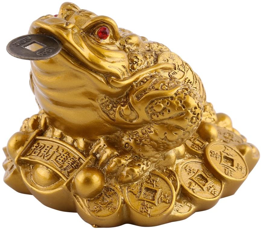 Walfront Lucky Money Frog Toad Golden Chinese Frog Feng Shui Toad Treasure Basin Statue with Coin Attract Wealth and Good Luck (65×60×50mm-Brass)