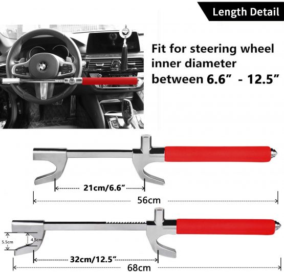 Tevlaphee Steering Wheel Lock For Cars,Car Steering Wheel Lock,Vehicle Anti-Theft Lock,Adjustable Double Hook Universal Fit Emergency Hammer Window Breaker Self Defense Heavy Duty Secure (Red) - Image 2
