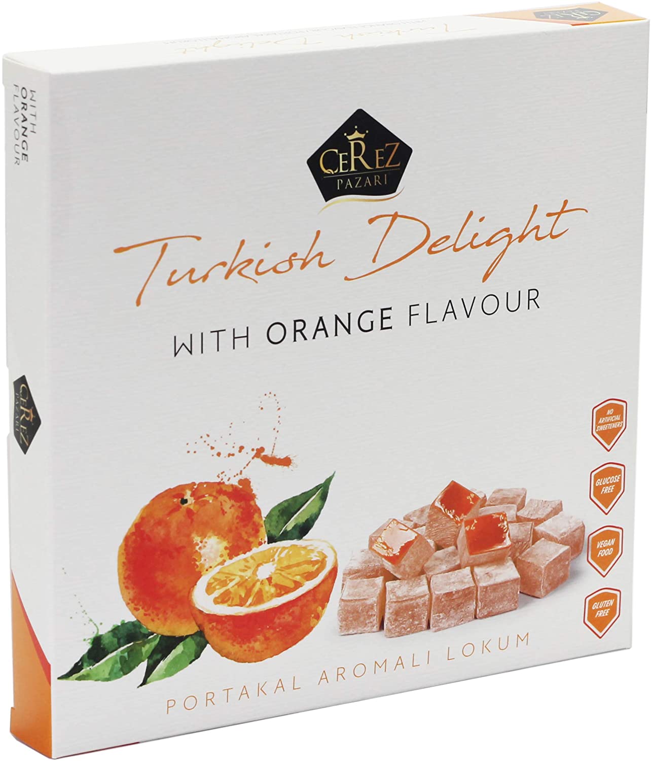 Cerez Pazari Turkish Delight with Orange Flavor 454g Gourmet Medium Size Snacks Gift Box