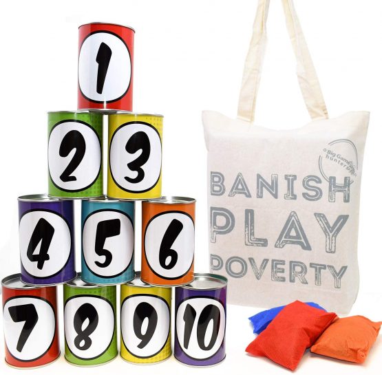 Big Game Hunters Tin Can Alley, 10 Metal Tins and 3 Bean Bags, Outdoor Throwing Toy, Children's Garden Game in Cotton Bag (Multicolour) - Image 3