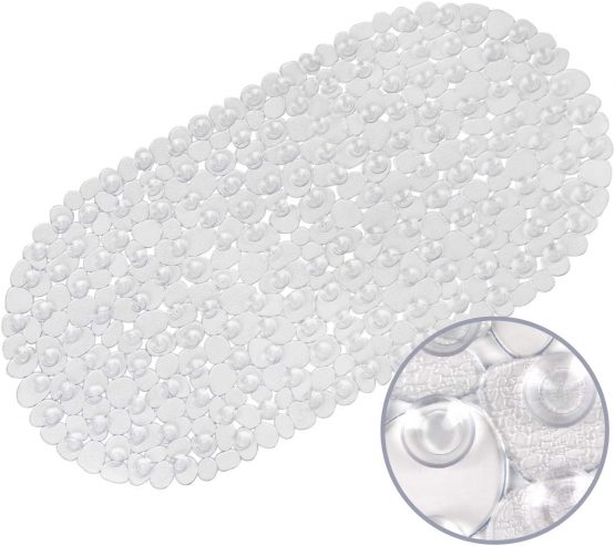 WELTRXE Non Slip Bath Mat for Bathroom, Pebble Frosted Anti-Mould Anti Slip Plastic Oval Bathtub Shower Mat with Grip Suction Cups, Clear, 69 x 36 cm