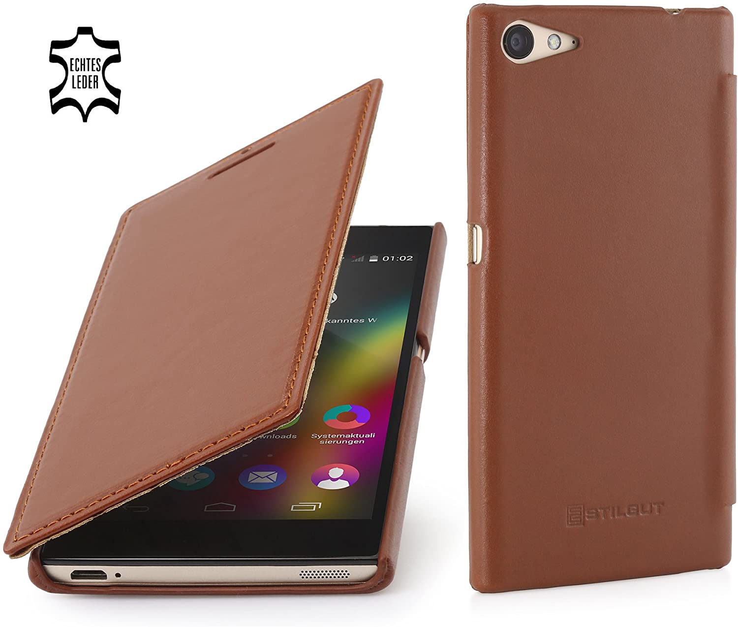 StilGut Leather Book Type Case Compatible with Wiko Highway Star, Cognac Brown
