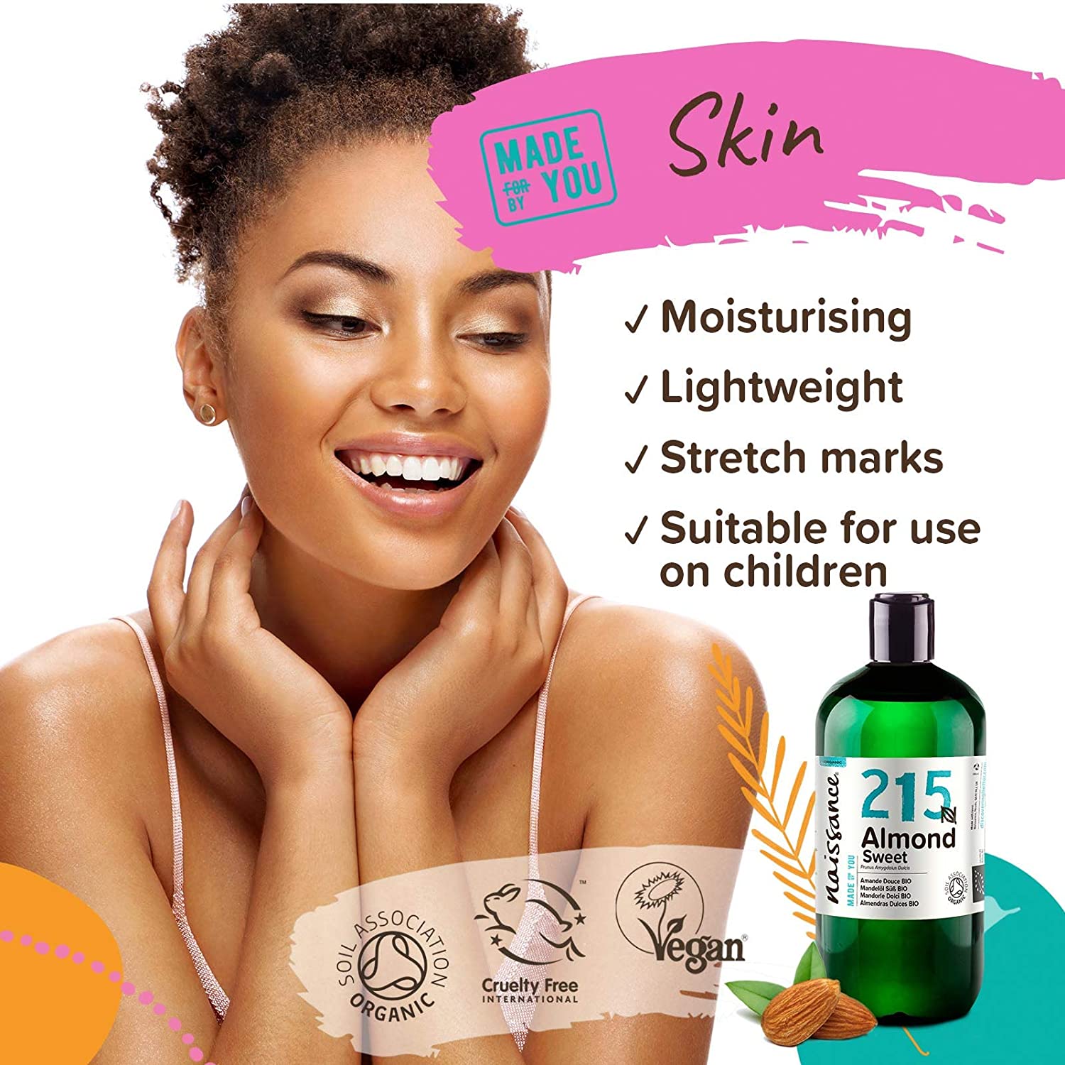 Naissance Certified Organic Sweet Almond Oil (no. 215) 450ml, for Skin Hair, Massage, Nails, Ears, Face, Body, Stretch Marks - Image 2