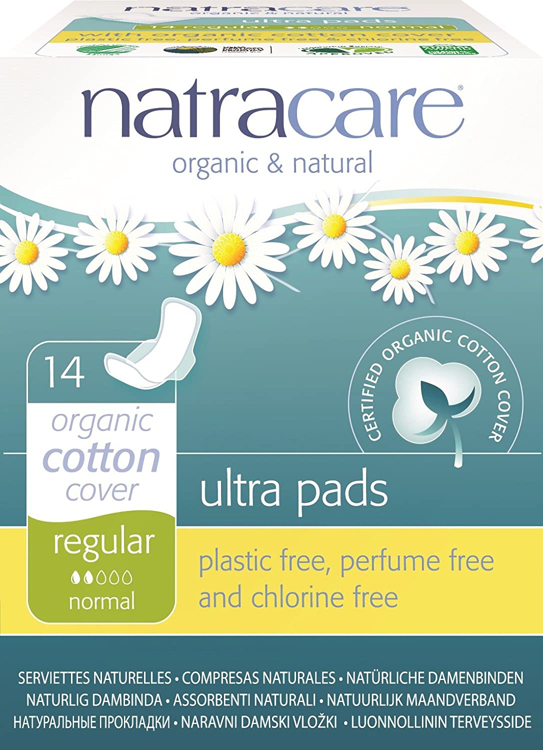 Natracare Natural Ultra Pads Regular with Wings, Organic Cotton Cover for Sensitive Skin, 14 Count (Pack of 3)