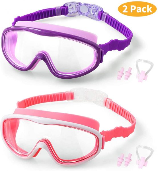 COOLOO 2-PACK Kids Swimming Goggles, Kids Swim Goggles Junior Children Girls Boys Early Teens Age 3-15, with Anti-Fog, Waterproof, Protection Lenses, Crystal Clear Wide Vision