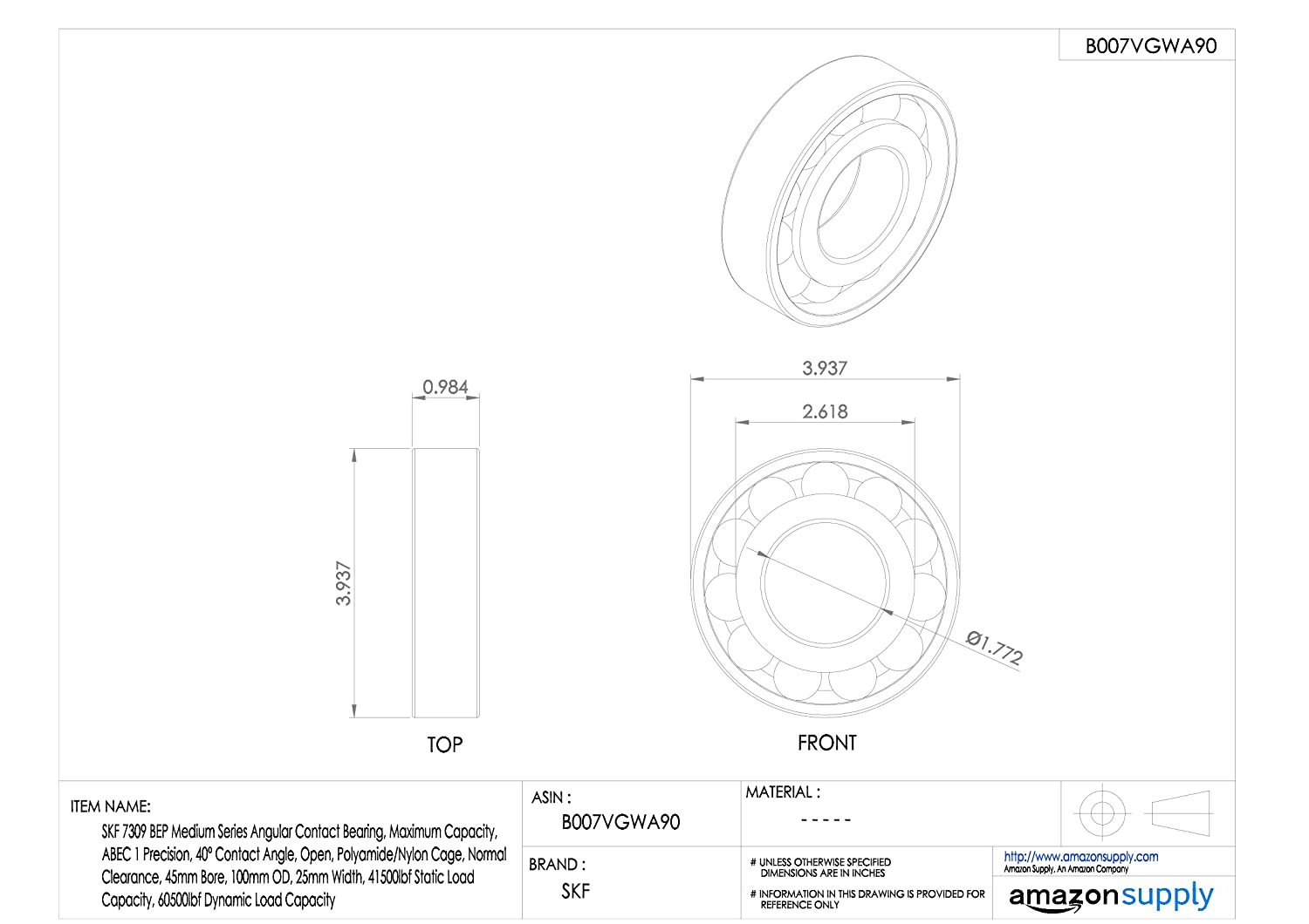 SKF 7309 BEP Angular Contact Radial Ball Bearing, steel - Image 2