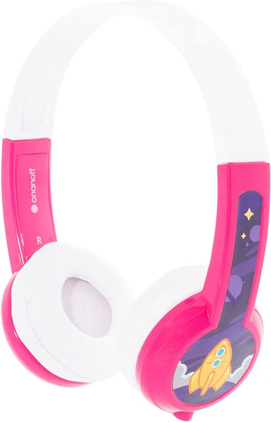 BuddyPhones Explore Non Foldable, Kids Volume Limiting Headphones, Built-In Audio Sharing Cable and In-Line Mic, Compatible with Fire, iPad, iPhone, and Android Devices- Pink