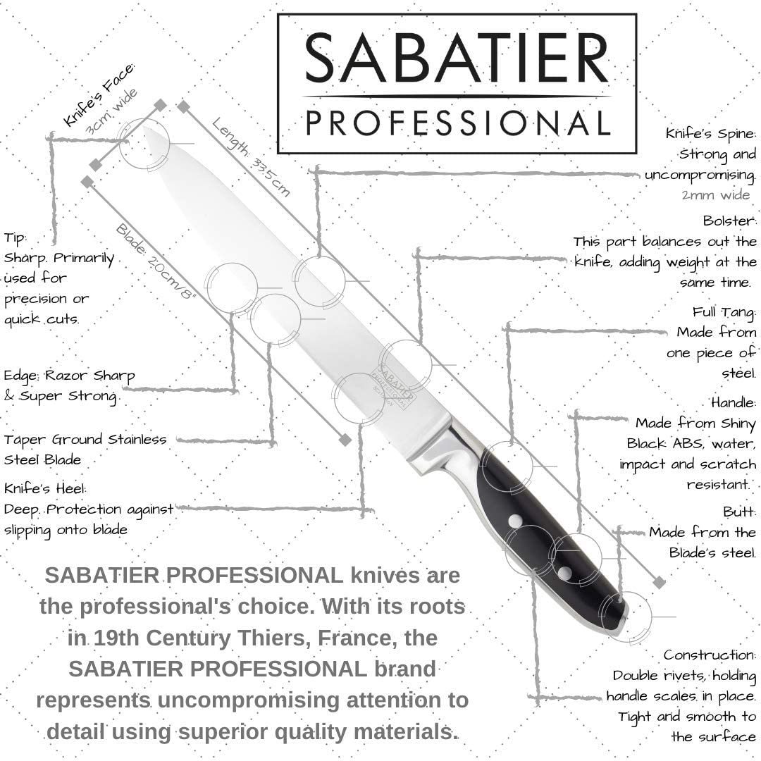 Sabatier Professional Long Carving Knife - 8in/20cm Full Tang Blade, Chrome Taper Ground Stainless Steel, Twin Rivet Comfort Handle - Image 3