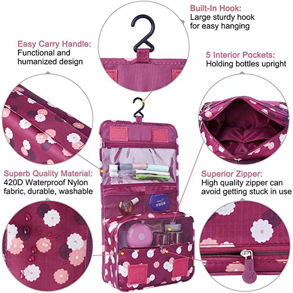 BryTravel Travel Toiletry Bags, Hanging Makeup Bags Portable, Red Wine Flower, ordinaire, Handbag Organizer - Image 4
