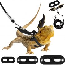 Pawaboo Adjustable Bearded Dragon Harness and Leash, 3 Size Leather Reptile Leash Outdoor Harness Leash with Bat Wings for Lizard Reptiles Amphibians Small Pet, Small/Medium/Large, Black+Gold