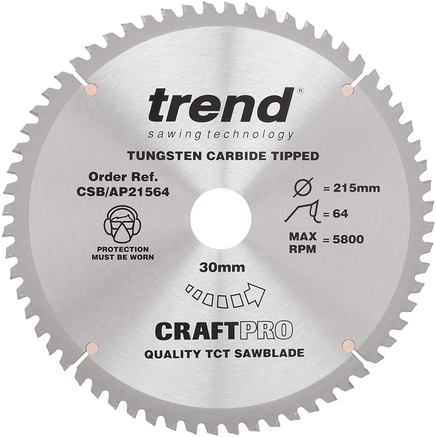 Trend Aluminium & Plastic Circular Saw Blade, 215mm Diameter, 30mm Bore, 64 Teeth, 2.8mm Kerf, -6° Hook, TCT