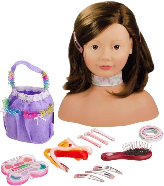 Gotz 1192053 Styling head with brown hair, brown eyes and accessories - make-up hair dressing head with 58 pieces - suitable agegroup 3+