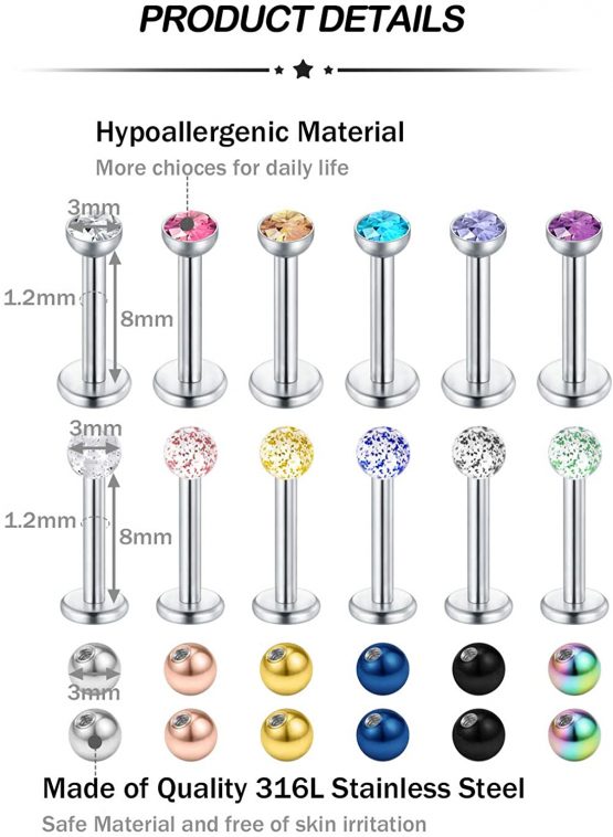 16PCS Piercing Barbell 16G Surgical Steel & Acrylic Tragus Labret Lip Bars Studs 4/5/6/8mm Jewellery with 3mm Replacement Balls - Image 2