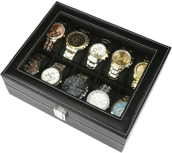 H&S Glass Lid 10 Watch Jewellery Display Storage Box Case Bracelet Tray Faux Leather Black for Men Women - Image 3