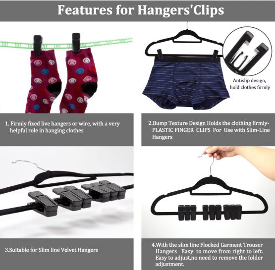 Homeerr Clothes Pins, Non-slip Plastic Pegs Slim Line Finger Clips Plastic Clips for Flocked Garment Trouser Hangers(Plastic Slim-line Finger Clip) - Removable,Black,Set of 40 - Image 4