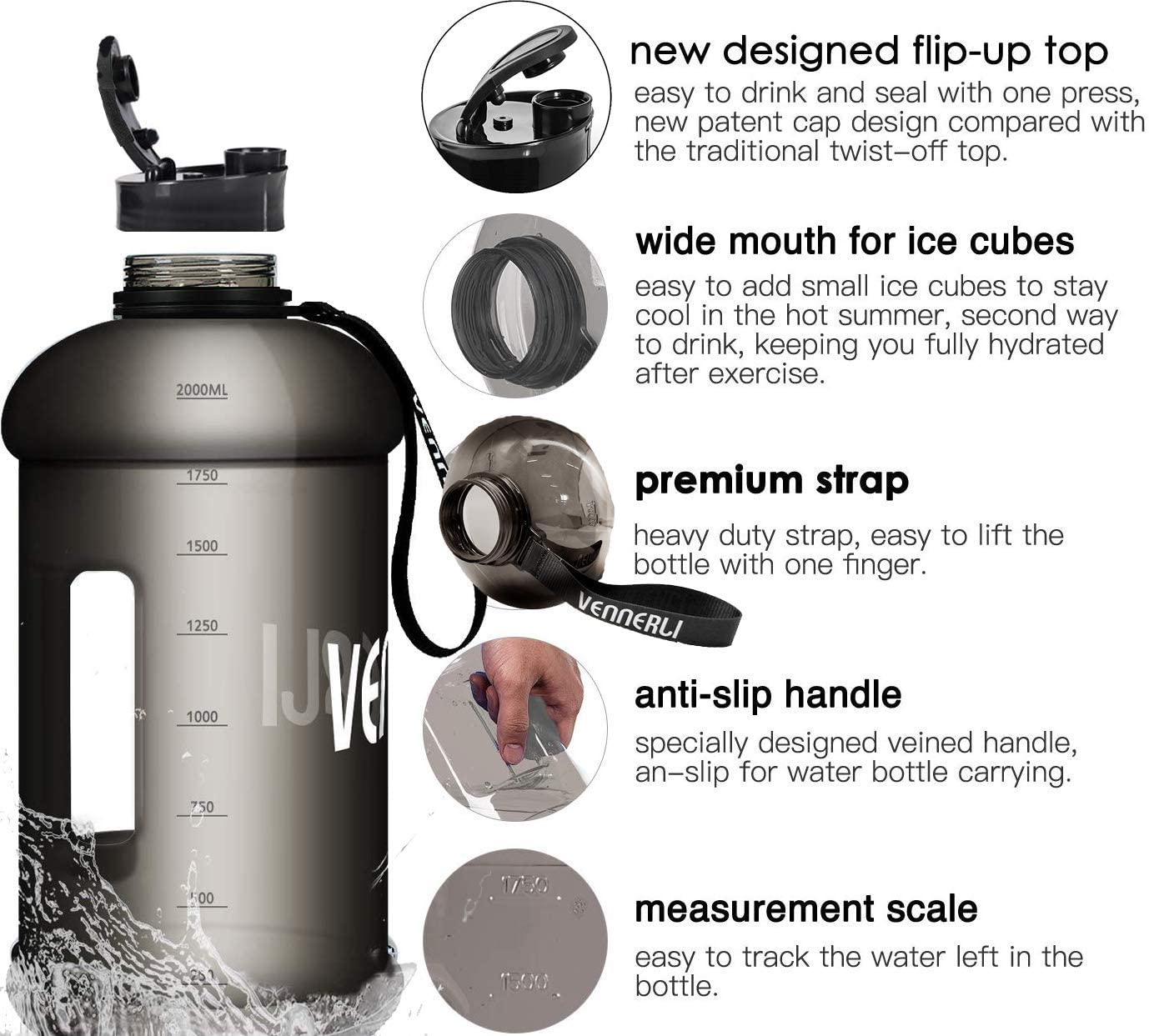 VENNERLI Half Gallon Water Bottle 100% Leak proof BPA Free 2.2L Reusable Durable big Water Gym Jug with Handle Flip Cap for Camping Sports Workouts Hiking Outdoors 2.2Litre (Black) - Image 3