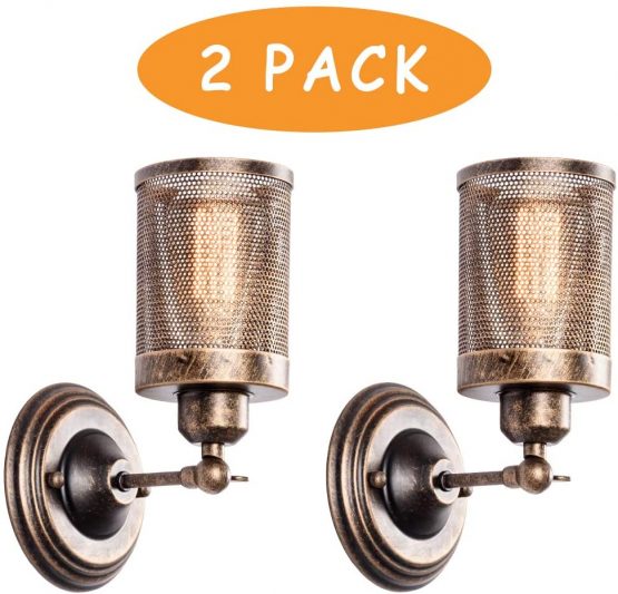 Industrial Wall Light 2 Pack, LULING Steampunk Metal Net Lampshade Interior Vintage Wall Lamp Adjustable Socket for Garage Gate Porch Hallway（NO Bulb）