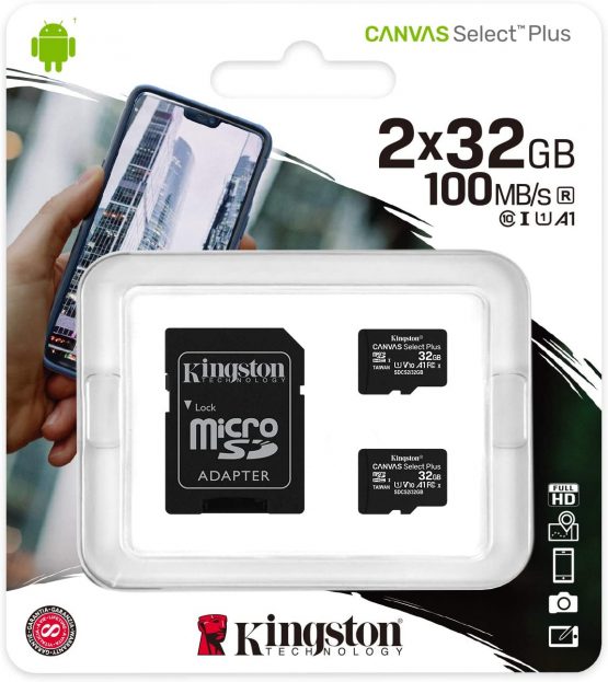 Kingston Canvas Select Plus microSD Card SDCS2/32 GB-2P1A Class 10 (2 x cards, SD Adapter Included)