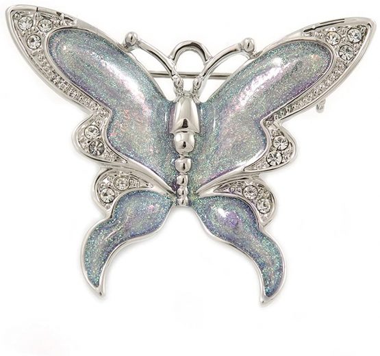 Avalaya Rhodium Plated Glitter Butterfly Brooch - 43mm W