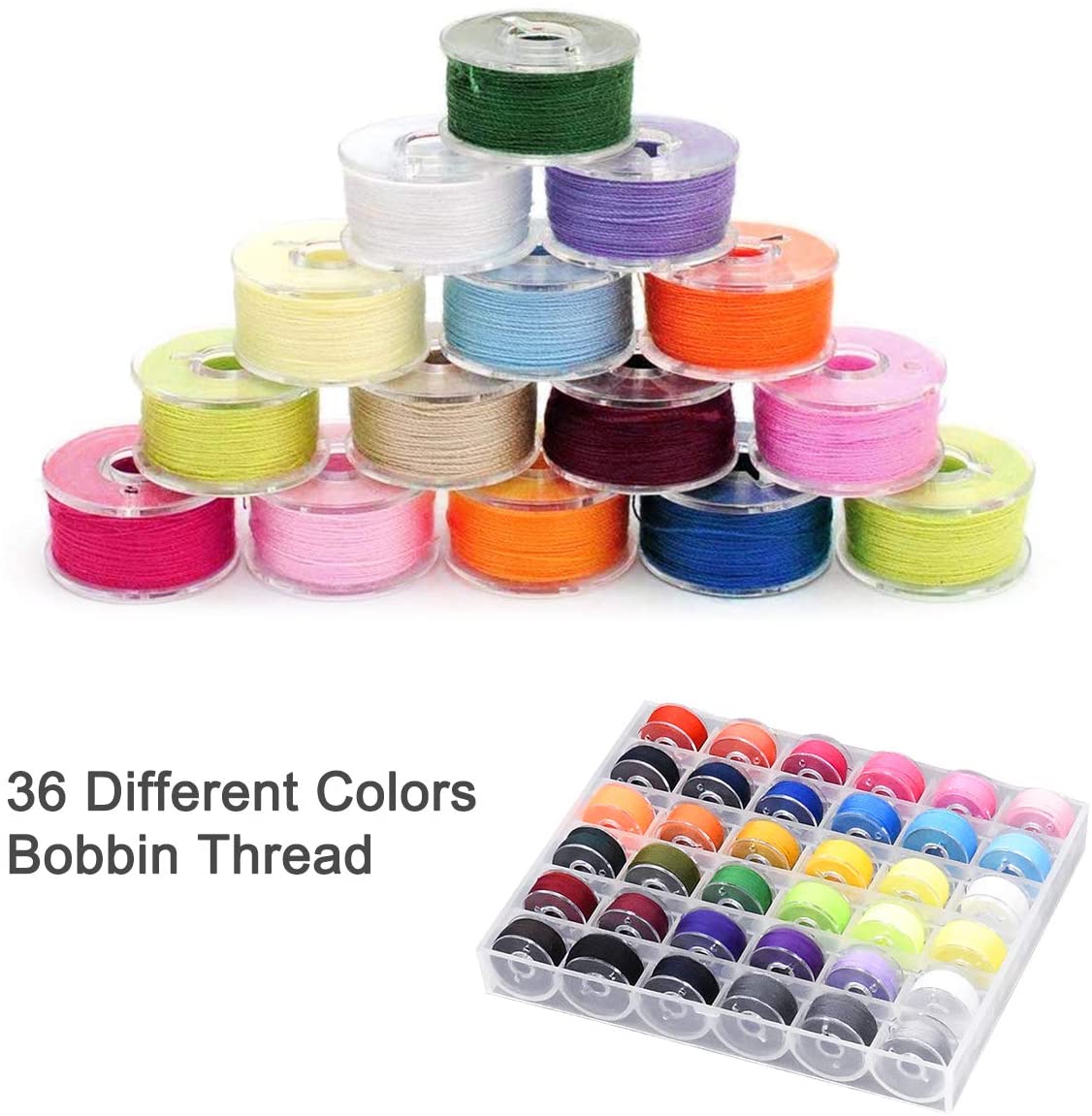 36Pcs Sewing Machine Bobbin Pre-Wound Bobbins Threads Assorted Rainbow ...