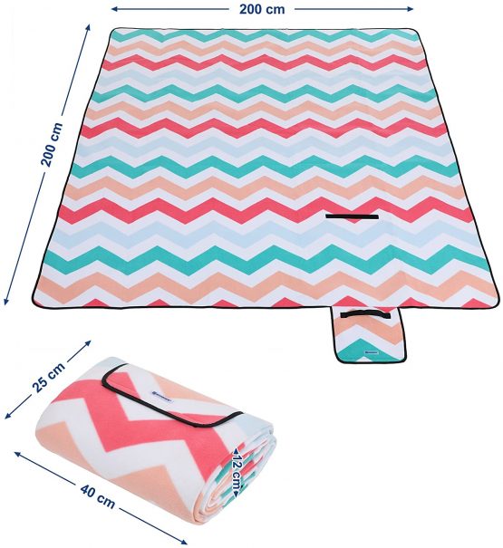 SONGMICS Picnic Blanket, 200 x 200 cm, Outdoor Beach Blanket for Camping, Park, Yard, with Waterproof Backing, Foldable, Red Wave Pattern GCM70KW - Image 3