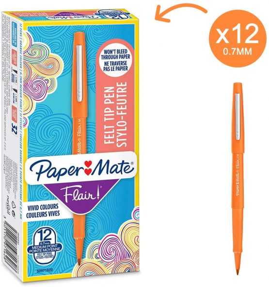 Paper Mate Flair Pen, 1.1mm Medium Tip, Orange, Box of 12