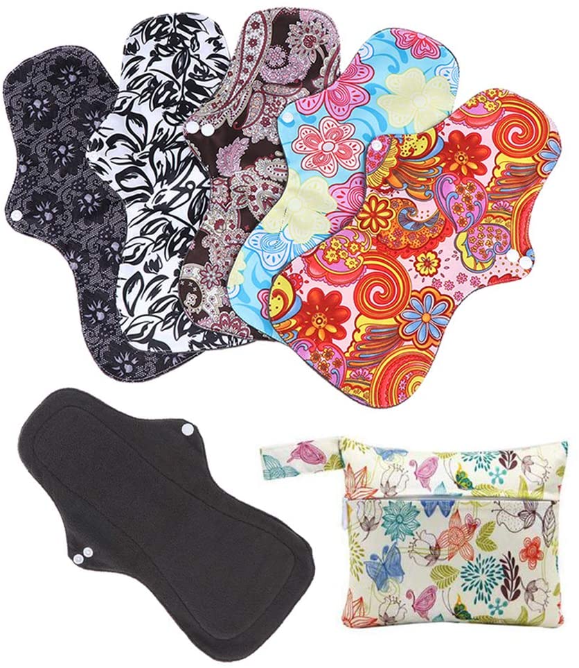 RZJZGZ (5 Pcs 35cm) Extra Long Sanitary Pads for Day and Heavy Flow Menstrual Pads Reusable Washable Sanitary Towels Pads Charcoal Bamboo Cloth Napkins Postpartum Nursing Pads with Mini Carry Bag Set