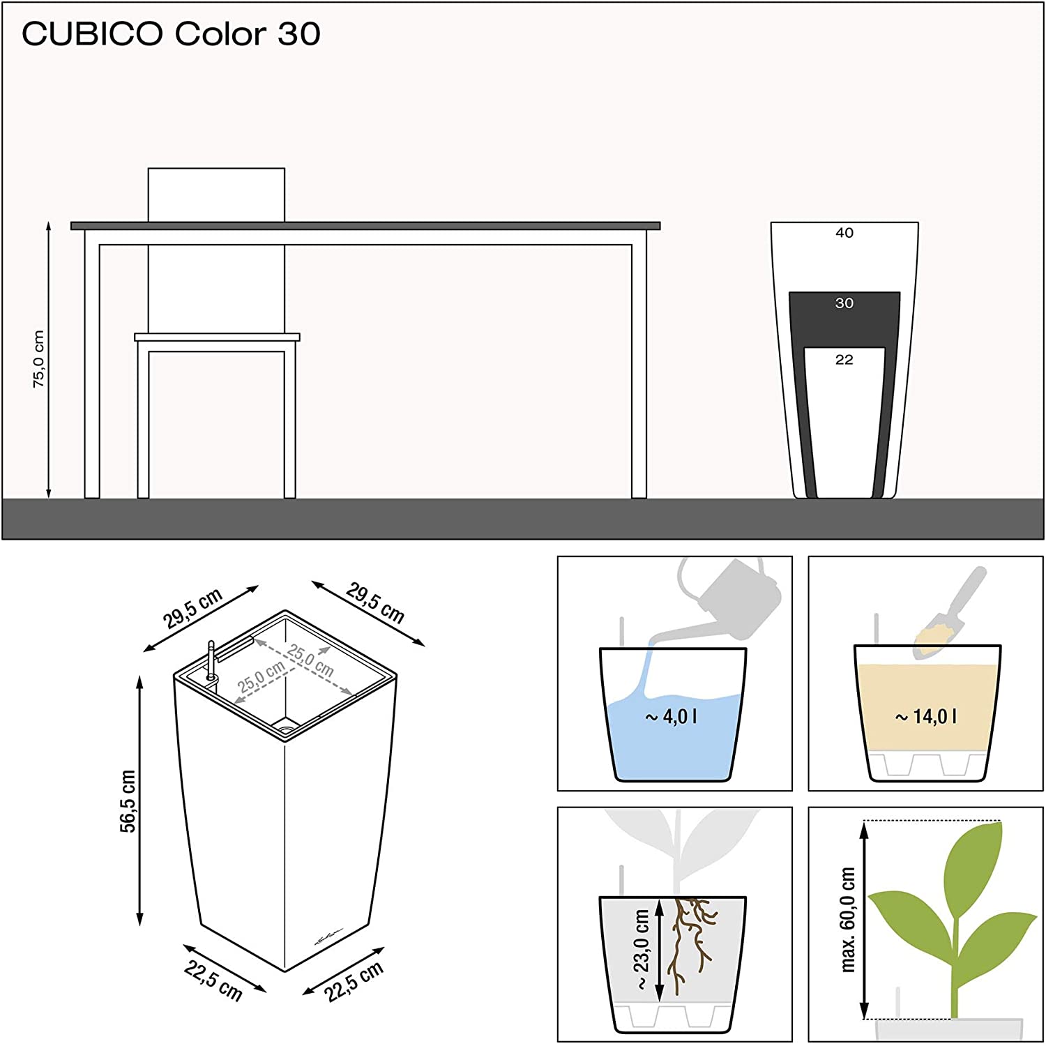 Lechuza CUBICO Color 30 Self Watering Planter Garden Plastic Indoor and Outdoor Flower Plant Pot with Drainage Hole H56 L30 W30 cm Slate - Image 2