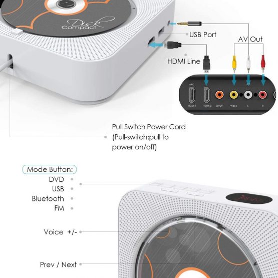 Portable CD/DVD Player with Bluetooth,Wall Mountable Built-in HiFi Speakers, Home Audio Boombox with Remote Control FM Radio USB MP3 3.5mm Headphone Jack AUX Input/Output - Image 4