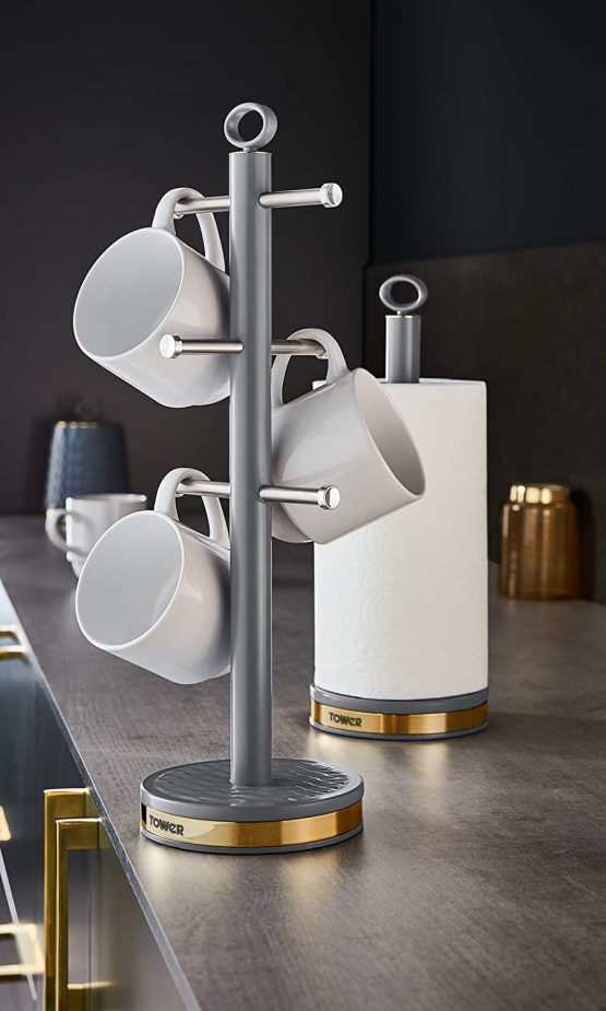 Tower T826092GRY Empire Mug Tree and Towel Pole Set, Stainless Steel, Anti-Slip, Grey and Brass - Image 3