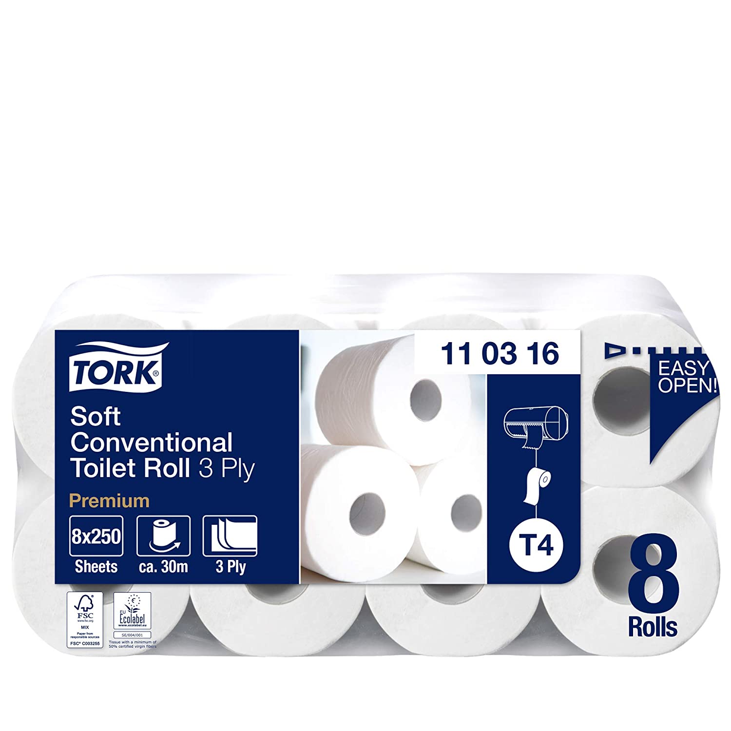 Tork 110316 toilet paper, white, 8 rolls of 250 sheets each, 3-lagig, 250 sheet (Pack of 8)