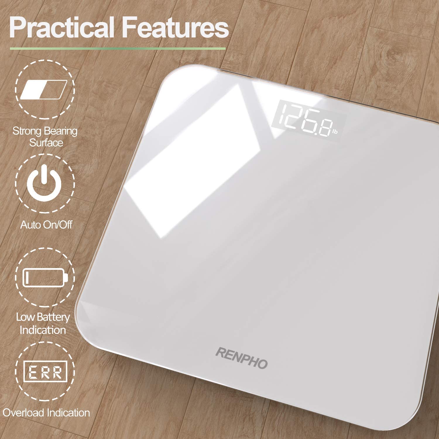 RENPHO Digital Bathroom Scales Weighing Scale with High Precision Sensors Body Weight Scale (Stone/lb/kg) - White, Core 1S - Image 2