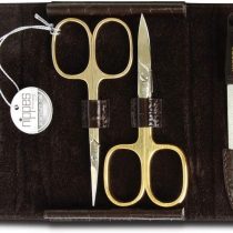 Nippes Solingen Croco Manicure Set 5 Pieces Gold Plated Instruments Genuine Cowhide Leather Case in Crocodile Design with Press Stud Nippes Premium Line Dark Brown Gold-Plated
