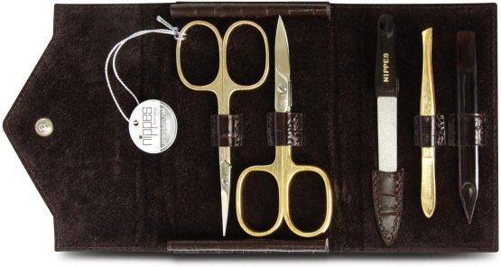 Nippes Solingen Croco Manicure Set 5 Pieces Gold Plated Instruments Genuine Cowhide Leather Case in Crocodile Design with Press Stud Nippes Premium Line Dark Brown Gold-Plated