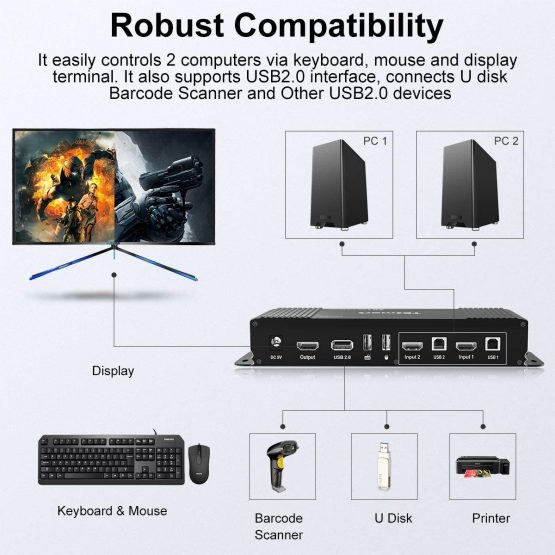 TESmart 2 in 1 out HDMI KVM Switch 4K@60Hz 4:4:4 Ultra HD 2 PCs 1 Monitor with Extra USB 2.0 Port&L/R Audio Output Control up to 2 PCs/Servers/DVR includes 2 pcs of 1.5 m KVM Cables-Matte Black - Image 4