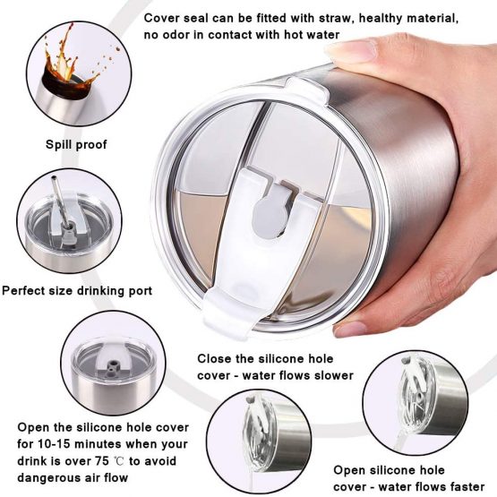 Y·J&H 20oz (550ml) Travel Tumbler Double Wall Vacuum Insulated Coffee Mug Stainless Steel Coffee Cup with 2 Splash Proof Lid, 2 Straws & Free Cleaning Brush, BPA Free - Red - Image 4