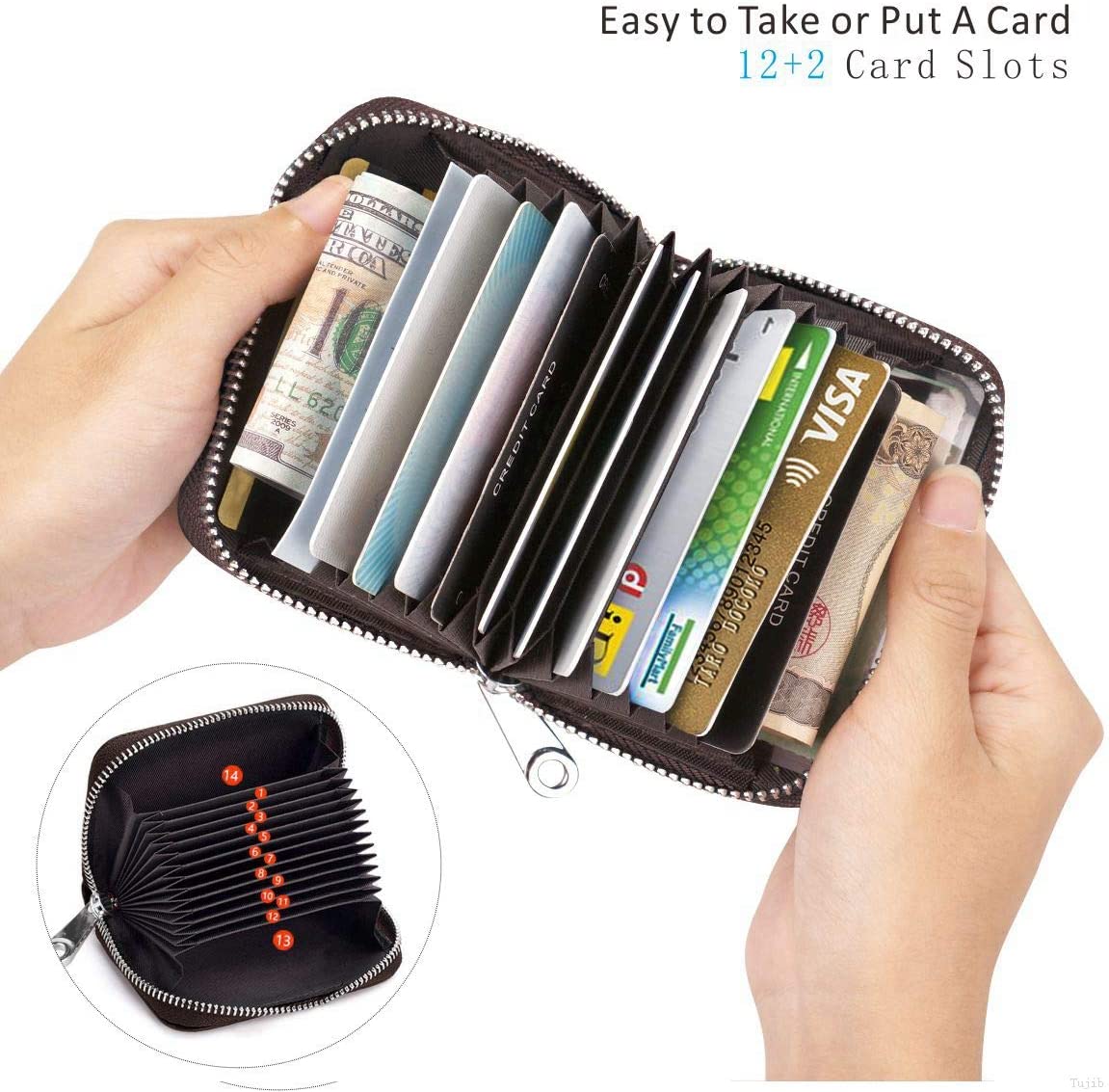 Womens Credit Card Holder Small Rfid Blocking Ladies Wallet with Stainless Steel Zipper Excellent Genuine Leather Accordion Wallets Case for Women ID Compact Slim Blocked Zip Accordian Cards Coffee - Image 4