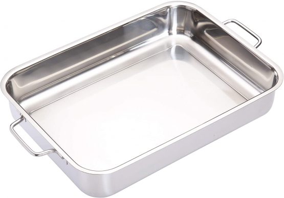 MasterClass KCMCROAST37 Deep Stainless Steel Roasting Tin with Folding Handles and Hob Compatible Design, 37 x 27 x 6.5 cm, Silver