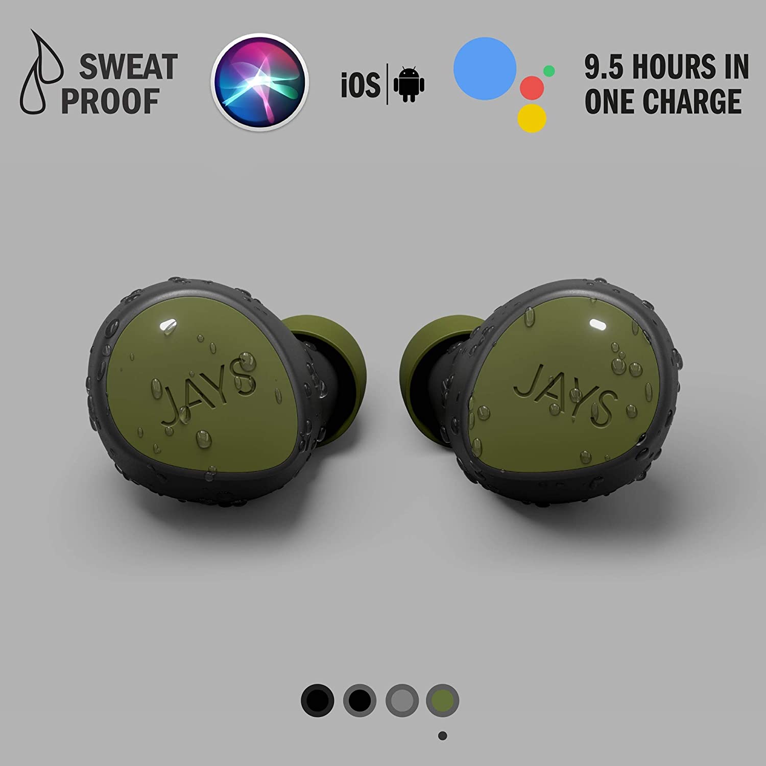 Jays True Wireless Bluetooth Headphones - m-Seven - Green - Earphones In-Ear 38h Playtime & Mic, 4: Green, Ear tips (3 works) - Image 3