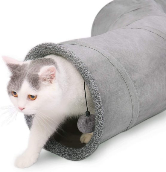 OHANA S Form Collapsible Cat Tunnel Toy in suede, Large cat tunnels for indoor cats rabbits with 2 holes and suspended ball Dia27*117cm - Image 4