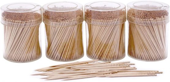 4 Pack x 500 Pcs100% Wooden Round Toothpicks Wood Fruit Salad Cocktail Sticks, 66mm Length