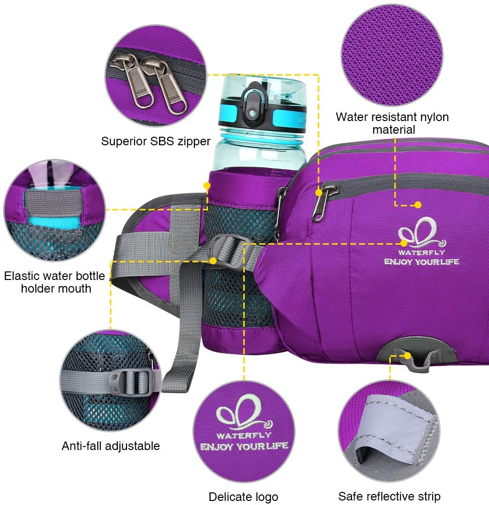 Waterfly Hiking Waist Pack Bum Bag Waist Bag with Bottle Holder Running Bag for Camping Climbing Travel Cycling and Dog Walking Purple - Image 2
