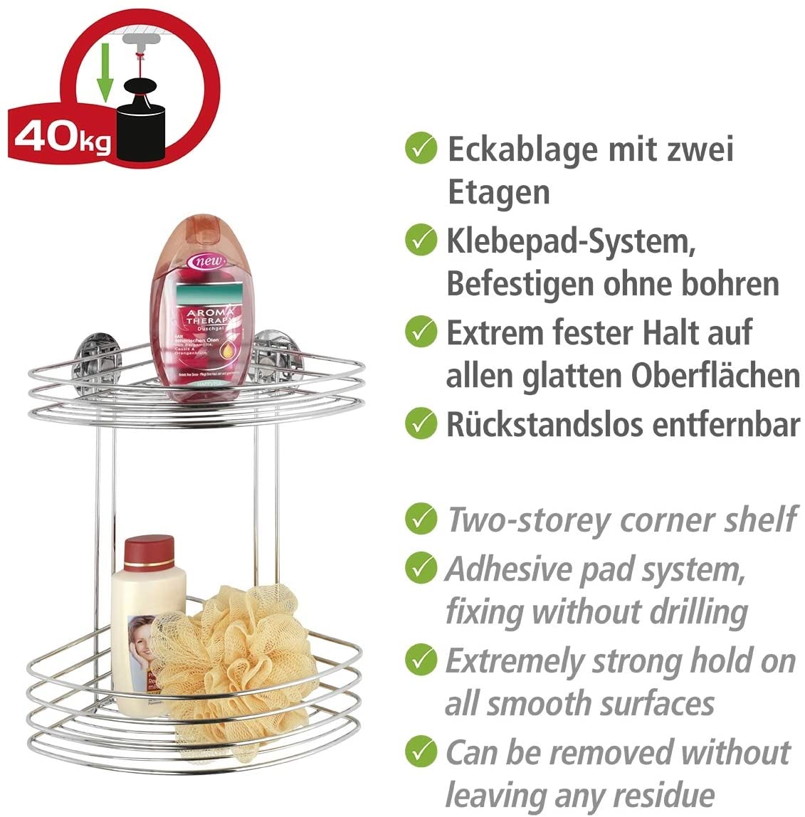 Wenko 18914100 TurboLoc Corner Rack 2 Shelves, Fixing Without Drilling, Metal Steel, 26.5 x 33 x 20 cm, Chrome - Image 3