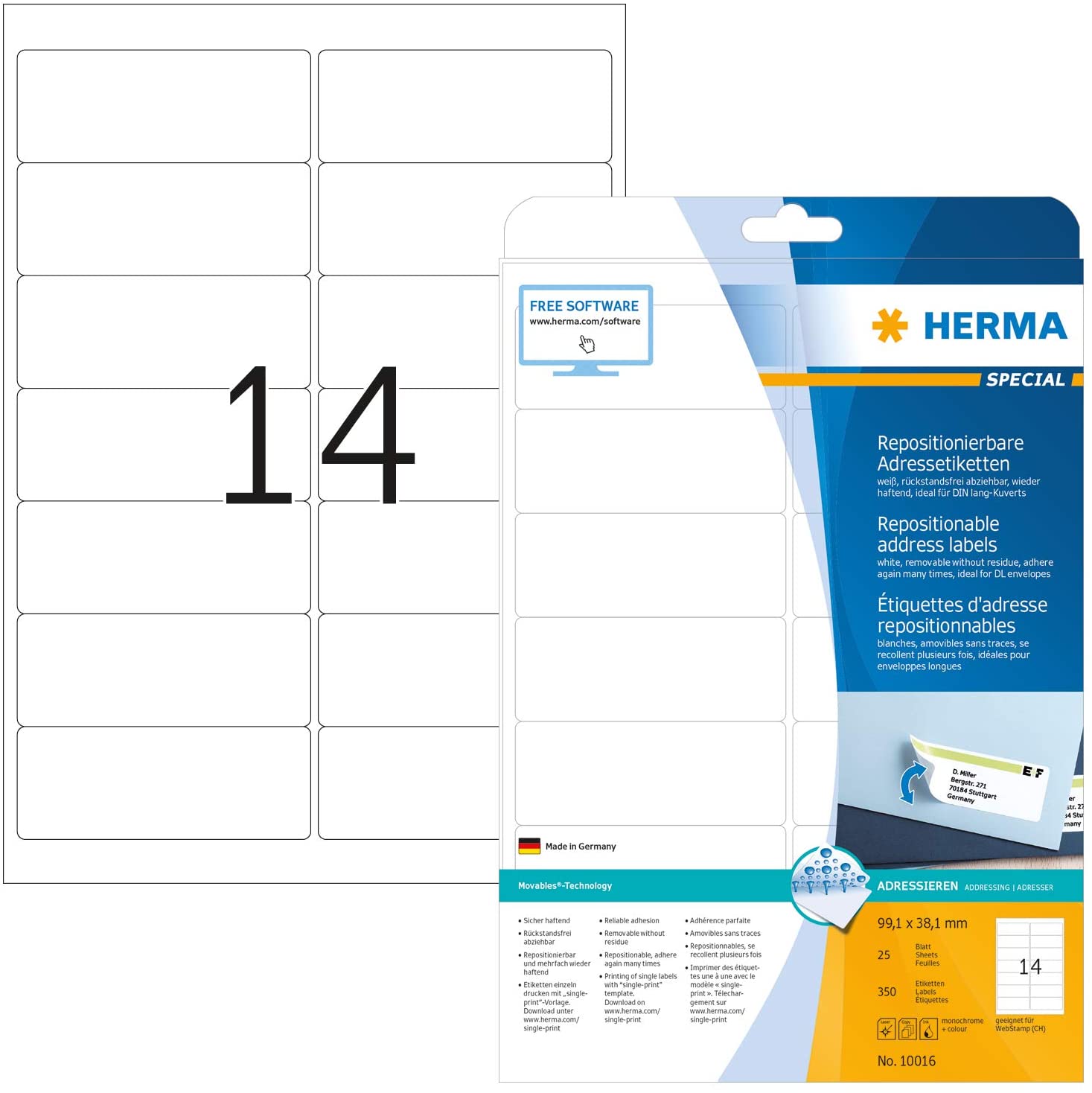 HERMA Self Adhesive Removable Labels, 14 Labels per A4 Sheet, 25 Sheets, 99.1 x 38.1 mm, 350 Labels