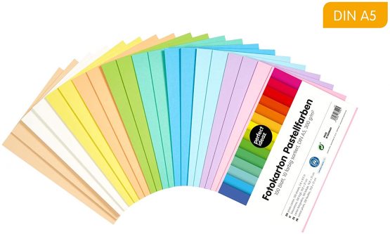 perfect ideaz 100 Sheets of DIN-A5 Coloured Pastel Photo Card, Craft Paper, Dyed Through Sheets, 10 Different Light Colours, 300g /qm, Tinted Drawing Card for Crafts, Colourful Set of Coloured Sheets