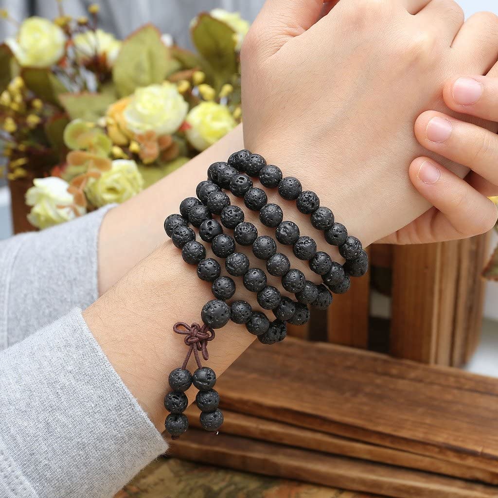 Jovivi 8mm Natural Lava Rock Stone Healing Gemstone 108 Buddhist Prayer Beads Tibetan Mala Bracelet Necklace - Image 3