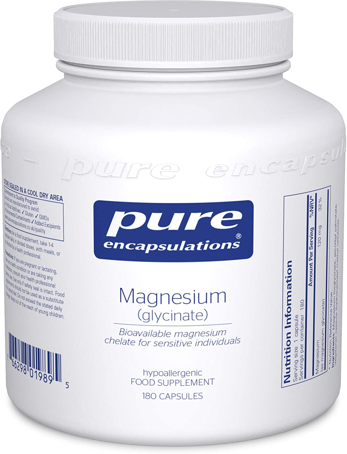 Pure Encapsulations Magnesium Glycinate 120mg - Bioavailable Magnesium Chelate Tiredness and Fatigue Supplement - 180 Capsules