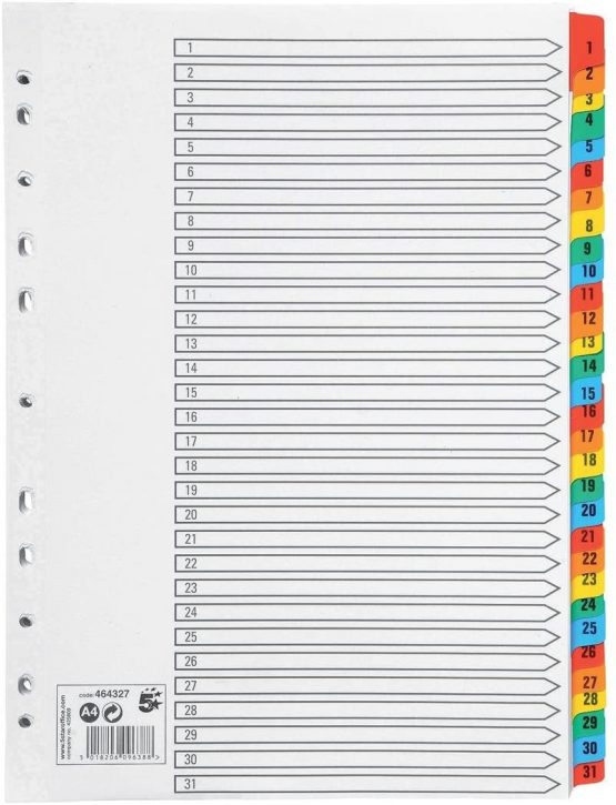 5 Star Office Index 150gsm Card with Coloured Mylar Tabs 1-31 A4 White