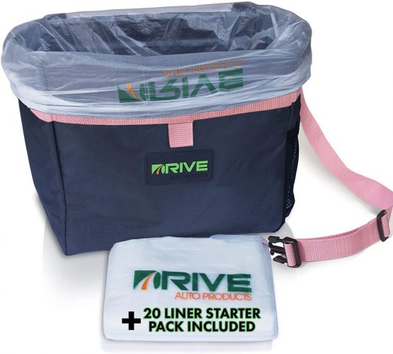 Drive Auto Products Car Bin – Medium Rubbish Bins for Stowing and Tidying w/ Disposable Liners and Adjustable Black Strap – Car Accessories